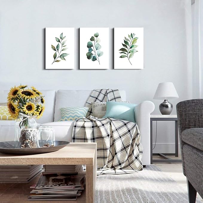 Green Leaf inspirational canvas Wall Art for Bedroom modern Canvas Prints Artwork Bathroom Wall Décor for Living Room Office Abstract Watercolor paintings 3 Piece Home Decoration kitchen wall painting