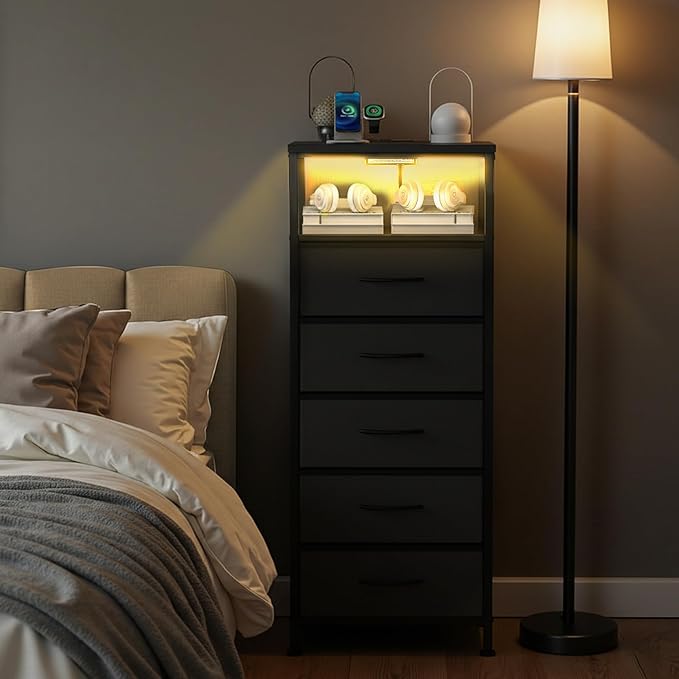 Sweetcrispy Nightstand with Charging Station, Bedside End Table with 5 Fabric Drawers & USB/Type-C Ports and Outlets, Night Stand for Bedroom Furniture, Adjustable Feet and Variable Light Strip, Black