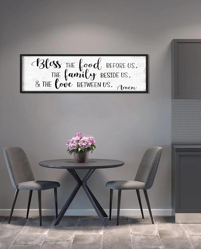 Bless the Food Before Us Wall Decor: Christian Bible Verse Wall Art Farmhouse Kitchen Dining Room Framed laque with Sayings - The Family Beside Us and The Love Between Us Signs 16"x48"