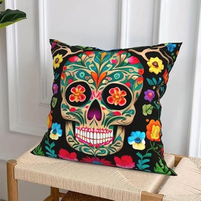 Set of 4 Day of The Dead Skull Linen Pillow Covers 18x18inch, Mexican Style Throw Pillowcase Dia De Los Muertos Decorative Skull with Colorful Floral Cushion Cover for Halloween Outdoor Home Bed Sofa