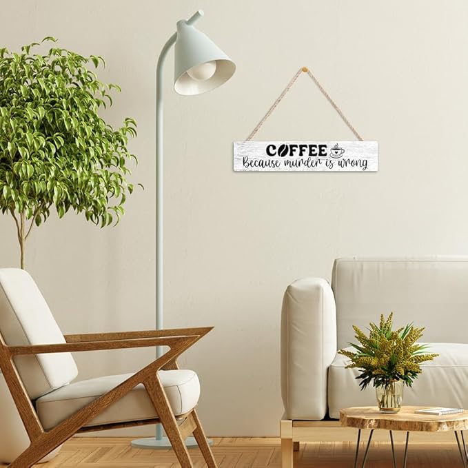 AGMDESIGN Coffee Because Murder is Wrong Wood Sign, Humor Kitchen Decor for Coffee Lovers, Cafe Decor for Home Shop Break Room Office, Wood Hanging Plaque for Shelf Desk Wall, Sarcastic Barista Gifts