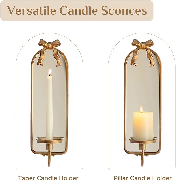 Gold Candle Sconces Wall Decor: Modern Decorative Wall Candle Holder Set of Two for Bedroom - Vintage French Metal Bow Mirror Sconces Beside Fireplace TV