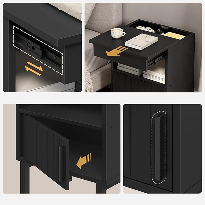 Nightstand with Gun Drawer, Bedside Table with Hidden Compartment, End Table with Storage Cabinet, Night Stand for Bedroom, Office, Black ET22BB
