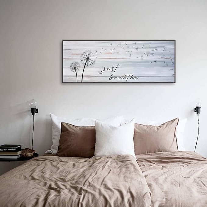 Modern Farmhouse Wall Decor - Just Breathe Dandelion Canvas Prints Wall Art Above Bed Wall Decor Bedroom Decor Wall Farmhouse Decor Vintage Decor Bedroom Bathroom Office(Black Wooden Frame) 46x19inch
