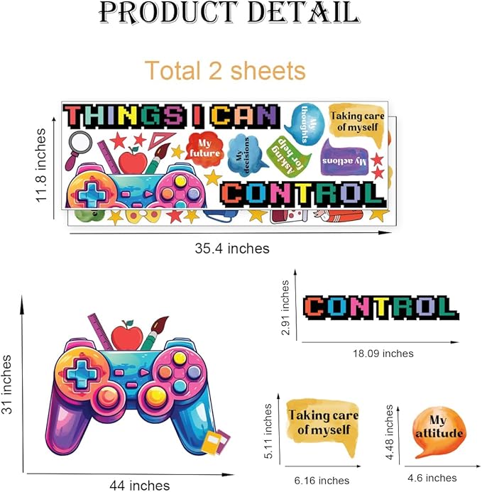Things I Can Control Watercolor Game Wall Decal, Psychologically Inspirational Quote Vinyl Wall Sticker, Removable Gamer Self Affirmation Artwork for School Classroom Playroom Game Room Decor
