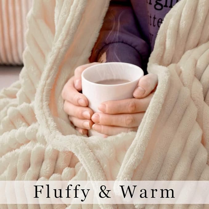 MIULEE Beige Throw Blanket 3D Ribbed Jacquard Fleece Flannel Velvet Plush Decorative Bed Blanket (Throw, 50" x 70") - Super Soft, Lightweight, Warm and Cozy for Couch Sofa