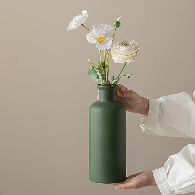 Green Ceramic Vase for Flowers, Modern Decorative, 10 Inch Tall, 4 Inch Width, Farmhouse Style Home Decor for Pampas Grass, Living Room, Dining Table, Office Decor, Kitchen Shelf (Mattte Green)