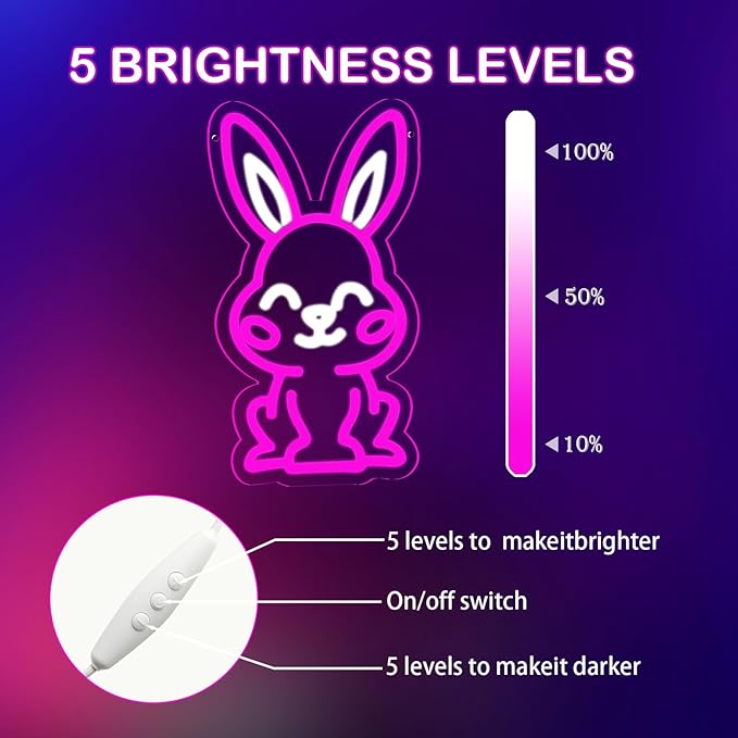 Easter Rabbit Neon Sign for Wall Decor,Dimmable Led Pink Rabbit Neon Signs, USB Powered Rabbit Neon Lights for Children's Room Decoration, Easter Gifts, Birthday Parties Gift