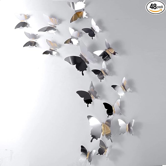 BBTO 48 Pieces Butterfly Wall Decor DIY 3D Mirror Butterfly Stickers Removable Decals Crafts for Birthday Party Bedroom School Bathroom Living Room Decor（Sliver）