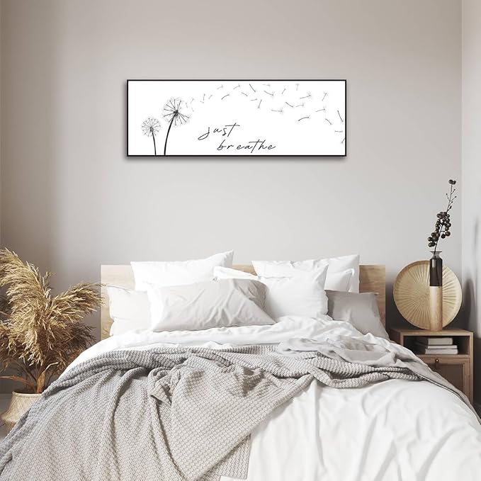 Just Breathe Wall Art - Black and White Pictures for Wall Decor Canvas Art Dandelion Minimalist Wall Art for Bedroom Decor for Women Aesthetic Inhale Exhale Wall Art (Black Wooden Frame) 43x15inch