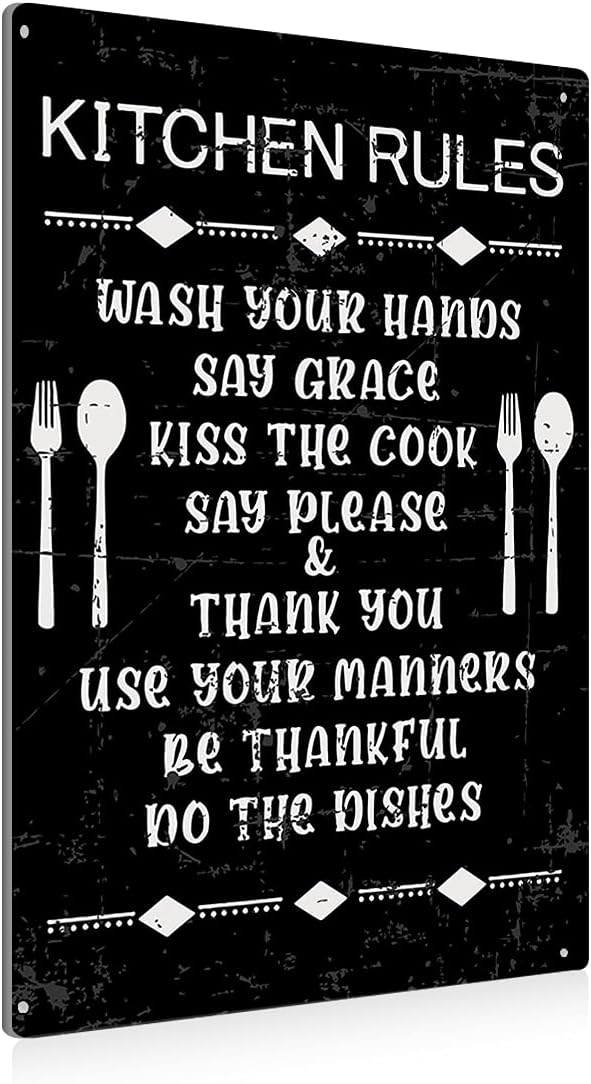 Funny Kitchen Rules Metal Tin Sign Wall Art Decor Vintage Sign for Home Caf?Bar Decor Gifts - Black