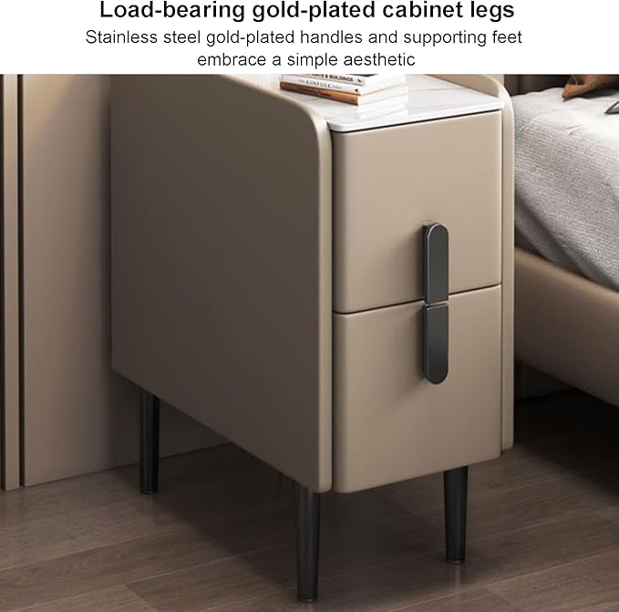 Modern Pu Leather Nightstand with Marble Tabletop, Narrow Bedside Table Luxury Side End Table with 2 Drawers & Metal Legs, Storage Cabinet for Bedrooms(25x40x50cm(10x16x20inch), Pink)