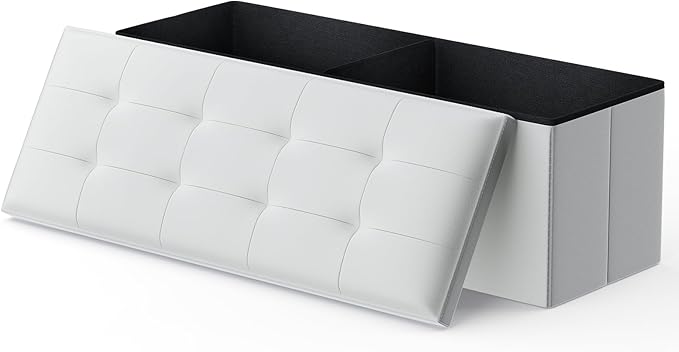 MoNiBloom 43 Inch Storage Ottoman Bench, 34 Gal. Folding Ottoman Footrest, End of Bed Bench, Rectangle Foot Stool, Supports 600 lbs, for Bedroom, Living Room, Entryway, Hallway, White