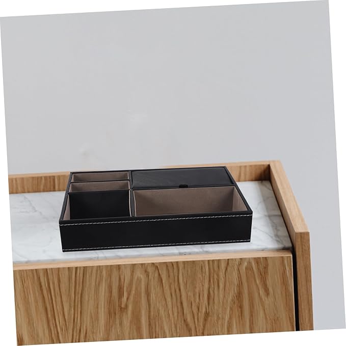 Beaupretty Faux Leather Nightstand Organizer Tray for Jewelry and Watches Multi Compartment Storage Box for Rings Necklaces Phone Wallet Bedside Dresser Black Bedside Table Organizer for Men
