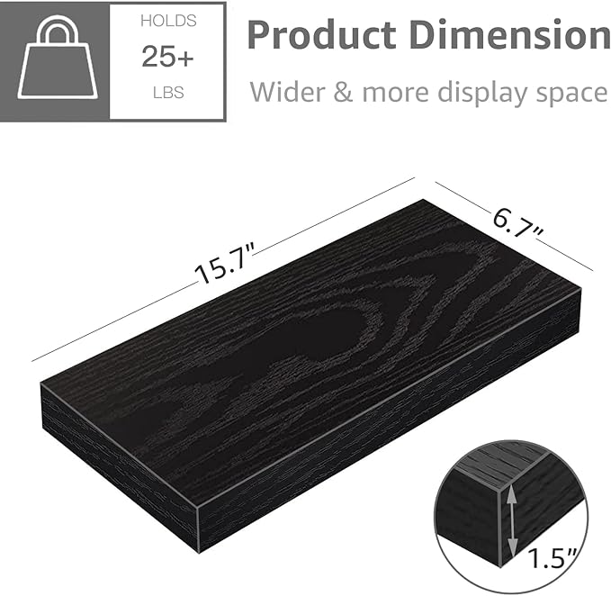 QEEIG Floating Shelves for Wall Bathroom Shelf Bedroom Kitchen Living Room Farmhouse Small Book Shelf 16 inch Set of 2, Black (015-B2)