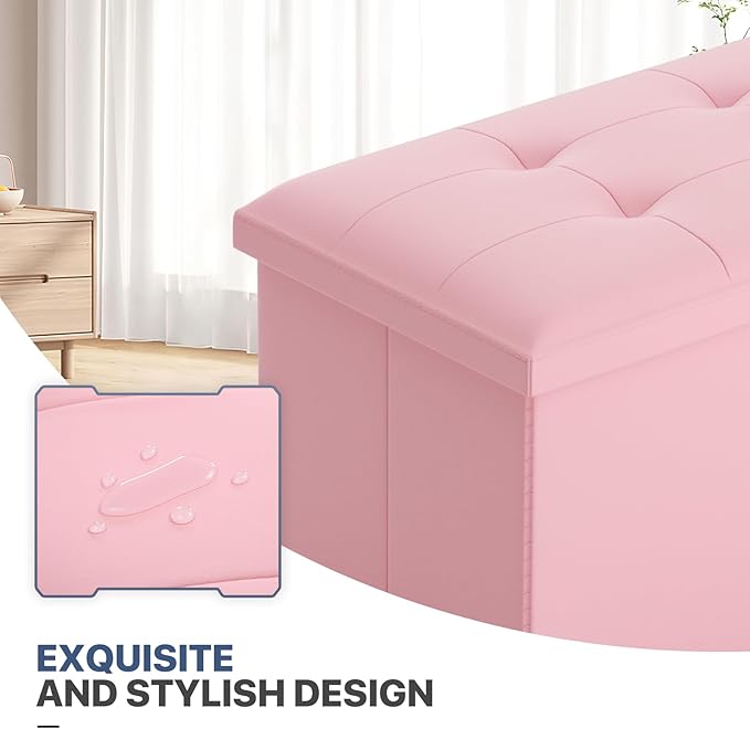 MoNiBloom 30 Inch Storage Ottoman Bench, 24 Gal. Folding Ottoman Footrest, End of Bed Bench, Rectangle Foot Stool, Supports 600 lbs, for Bedroom, Living Room, Entryway, Hallway, Light Pink