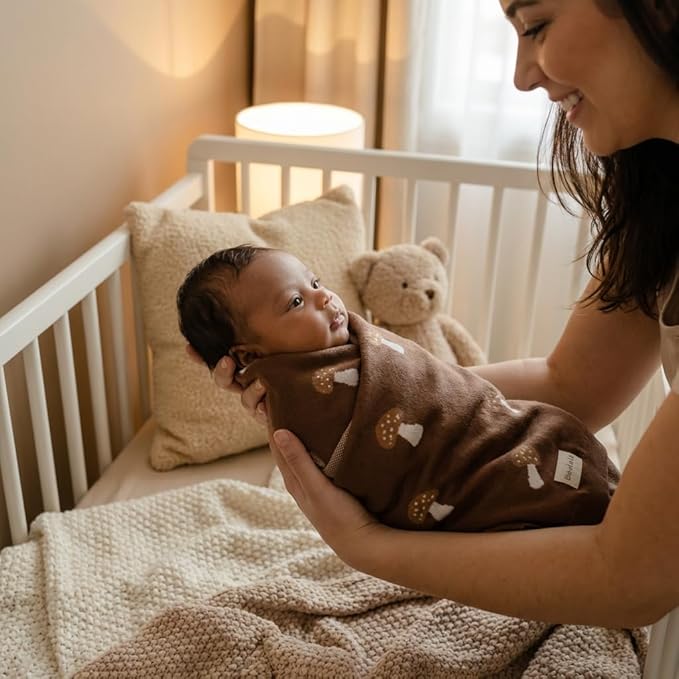 Knit Baby Blanket for Girls and Boys 100% Cotton Buttery Soft Cozy Receiving Swaddle Crib Stroller Blanket for Shower Gift Registry for Newborns, Infants, Toddlers (Mushroom - Mocha)