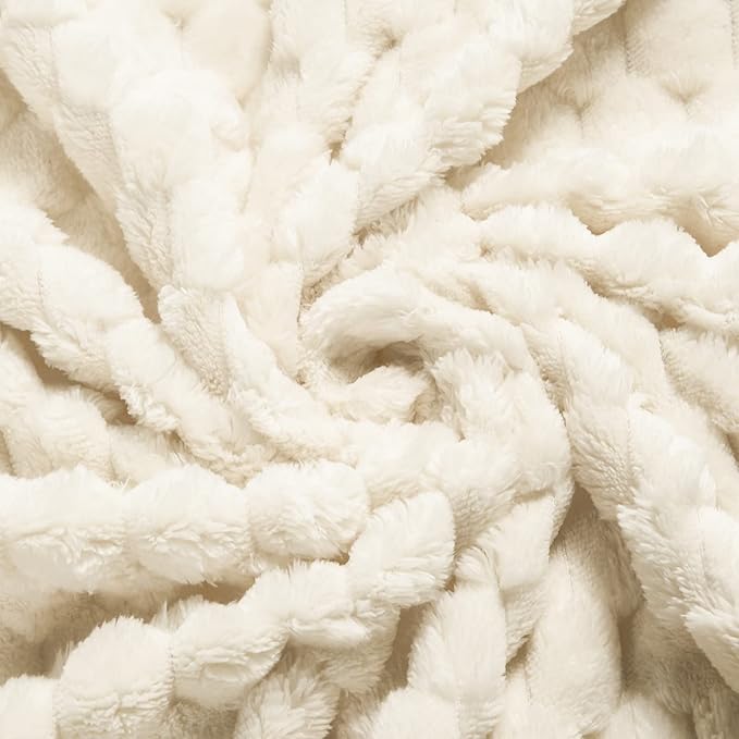 Vessia Flannel Fleece King Size Bed Blanket(108x90 inch), 3D Jacquard Cream Fuzzy and Warm Blanket for Adults, 300GSM Super Soft Touch Cozy Lightweight Ivory Home Decor for All-Season