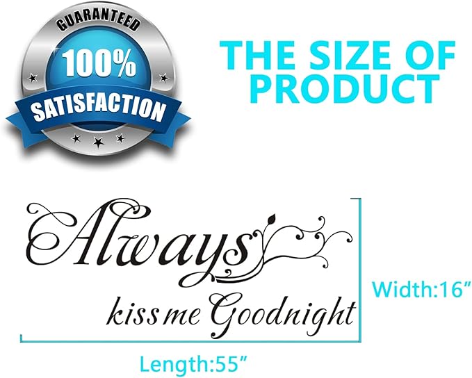 AnFigure Couples Quotes Wall Decals: Inspirational Vinyl Art Love Wall Stickers for Home Bedroom Bathroom Living Room - Always Kiss Me Goodnight 55"X16"