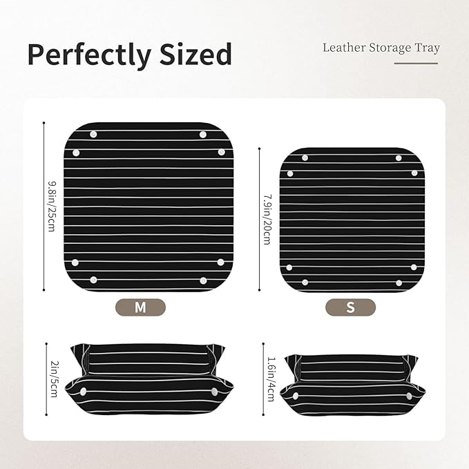 White Lines On Black Simple Valet Tray Leather Desktop Storage Organizer Bedside for Jewelry Keys Coin Sundries