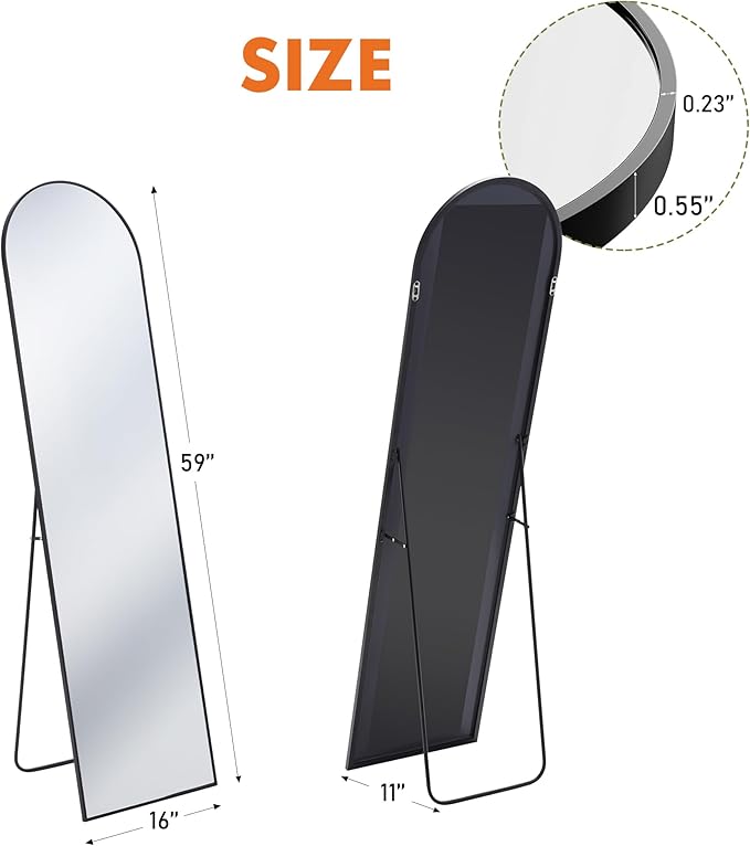 OLIXIS Arched Full Length Black Mirror 59.1"x16" for Bedroom, Full Body Mirror with Stand, Hanging or Leaning for Wall, Aluminum Alloy Thin Frame Floor Standing for Living Room