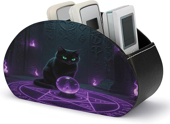 Witchcraft Cat Remote Control Holder Organizer Box with 5 Compartment PU Leather Bedside Storage Caddy Remote Organizer for Controller Media Player Pen/Pencil Storage
