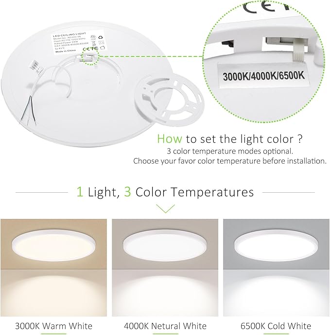 1 Pack LED Flush Mount Ceiling Light, 24W Ultra Thin Round White Lamp 3000K/4000K/6500K 3 Color Temperatures Adjusted Modern Ceiling Lights, Wired