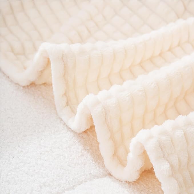 Cream White Throw Blanket 50"×70" Decorations Fleece Super Soft Plush Fuzzy Cozy Blanket with Square 3D Jacquard Grid Design Luxury Lightweight for Couch Sofa Chair