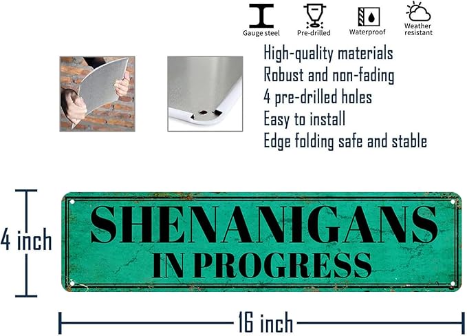 Vintage Metal Tin Signs Shenanigans In Progress Signs Vintage Bathroom Wall Art Retro Kitchen Signs Wall Decor Rustic Metal Tin Plaque Art Poster Metal Home Sign Decorative Tin Sign 4x16 Inch