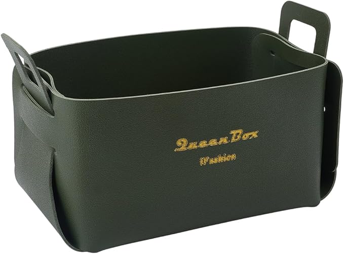 Foldable Storage Basket Bin PU Leather Desktop Organizer Box Green Small Catchall Basket Rectangle Tray Double Handles for Entryway Bedside Dresser End Table Cosmetic Jewelry Key Wallet