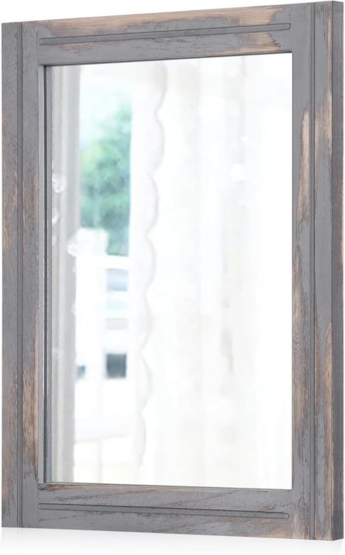 AAZZKANG Wood Framed Mirror Rectangular Rustic Wall Mirrors Decorative Large 20"x16" for Farmhouse Bathroom Living Room Bedroom Grey