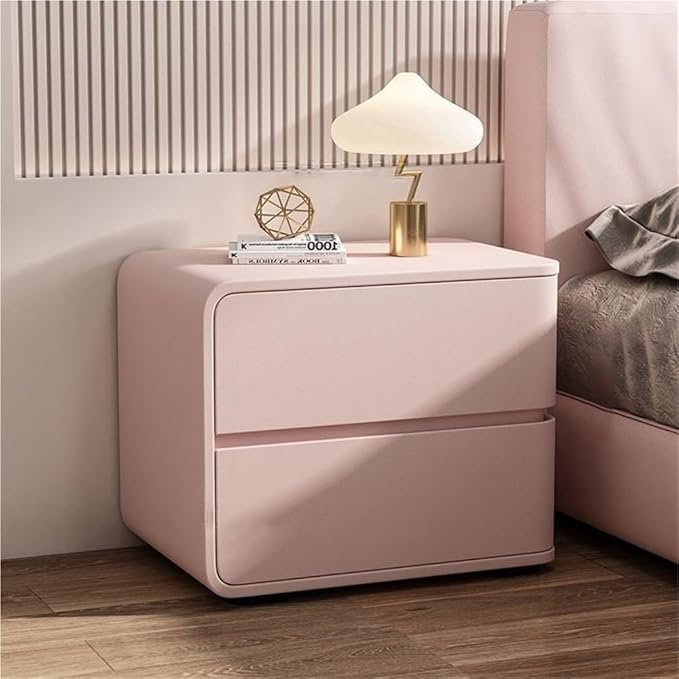 Minimalist Bedside Table Wood Bedside Furniture, Leather Nightstand with 2 Drawer Storage Modern Night Stand for Bedroom, Living Room, 17.7x15.7x18.9inch(Pink,Left)