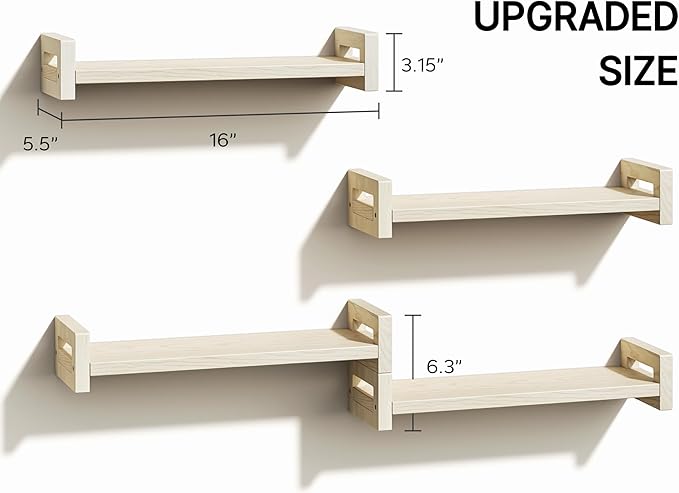 Vailando Floating Shelves for Wall, Set of 4 Solid Wood Wall Mounted Shelves, 16" Rustic Poplar Display Shelf for Bedroom, Living Room, Bathroom, and Kitchen Decor - Heavy-Duty & Natural Pine
