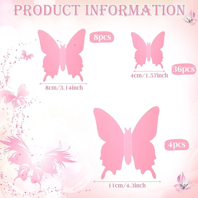 BBTO 48 Pieces Butterfly Wall Decor DIY 3D Mirror Butterfly Stickers Removable Decals Crafts for Birthday Party Bedroom School Bathroom Living Room Decor(Pink)