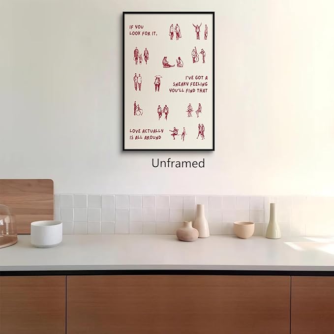 Leetideful Beige and Red Canvas Wall Art, Love Actually Is All Around Warming Quote Poster, Neutral Hues Tiny People Walking Picture, Minimal Typography Print for Bedroom Living Room 24x36in Unframed