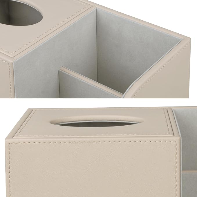PU Leather Tissue Box Cover with Remote Control Holder, Square Tissue Box Holder for Living Room Bathroom Office (Dark Beige)
