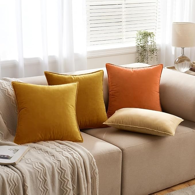 MIULEE Mustard Yellow Velvet Throw Pillow Covers 20x20 Soft Decorative Solid Square Cushion Cases Pack of 2 Modern Luxury Home Decor for Couch, Sofa, Bedroom