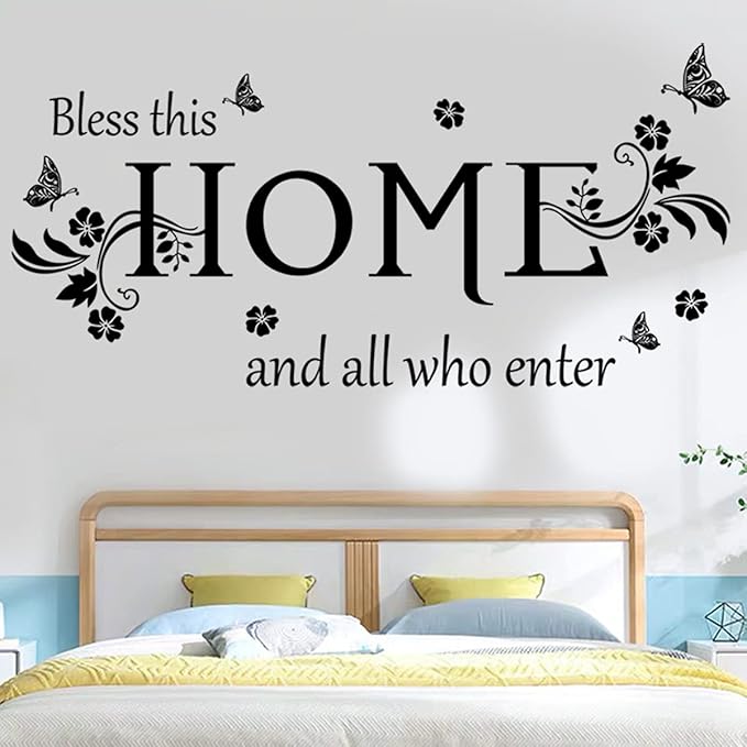 Black Vinyl Wall Sticker Wall Word Quotes Bless This Home and All who Enter Wall Decals Flowers Butterfly Wall Decor Sticker for Entryway Living Room Home Decor.