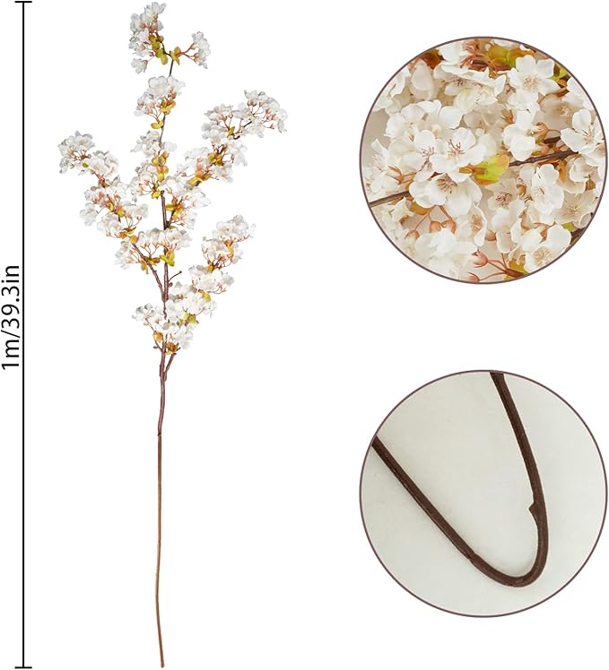 Uieke Silk White Cherry Blossom Branches, 39.3in Artificial Cherry Blossom Stems, Fake Plum Blossom Flowers Arrangement for Wedding Home Decor, Set of 8