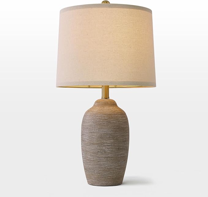 24.5" Handcrafted Ceramic Table Lamp with 5FT Cord, Single Farmhouse Vintage Rustic Bedside Lighting for Living Room Bedroom Entryway Linen Shade Nightstand End Table Decor (Bulb Not Included)