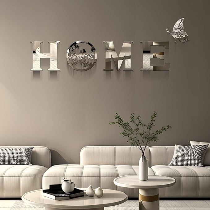 CrazyDeal Home Signs Wall Decor Letter Signs Length Mirror Wall Stickers Decorations for Living Room Bedroom Farmhouse The Home Modern Decorations Bird Wall Art Large（Silver Acrylic,49.2 X 15.7 Inch）