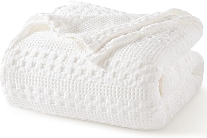 PHF 100% Cotton Waffle Weave Blanket Queen Size for Bed, Soft Lightweight & Breathable for Spring and Summer, All-Season Comfort, Luxury Aesthetic Blanket for Home Decor, 90"x90", White