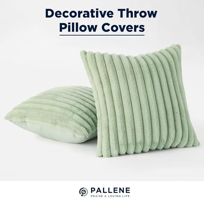 Pallene Faux Fur Plush Spring Throw Pillow Covers 20x20 Set of 2, Luxury Soft Fluffy Striped Decorative Pillow Covers for Sofa, Couch, Living Room, Sage Green