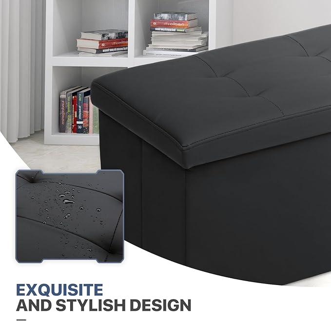 MoNiBloom 30 Inch Storage Ottoman Bench, 24 Gal. Folding Ottoman Footrest, End of Bed Bench, Rectangle Foot Stool, Supports 600 lbs, for Bedroom, Living Room, Entryway, Hallway, Black