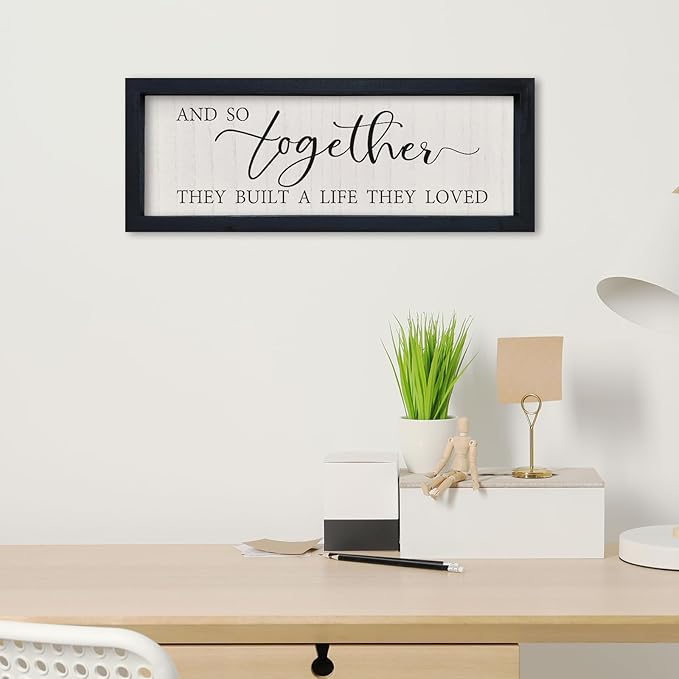 comurdyo And So Together They Built a Life They Loved Wall Sign Decor 16"×6" Above Bed Master Bedroom Wood Framed Hanging Wall Art (Black)