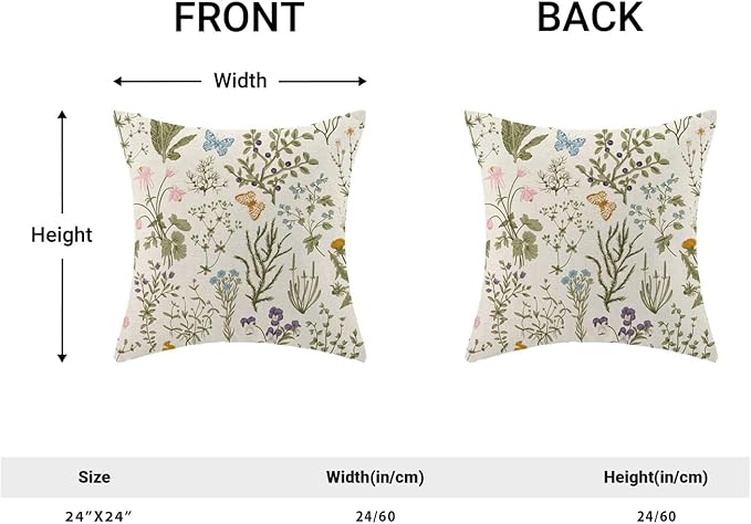 AEIOAE Spring Pillow Covers 24x24 Inch Set of 2,Sage Green Wild Flower Plant Throw Pillows Case,Seasonal Floral Outdoor Decorative Square Linen Farmhouse Decor Cushion Covers for Home Sofa Bed Couch