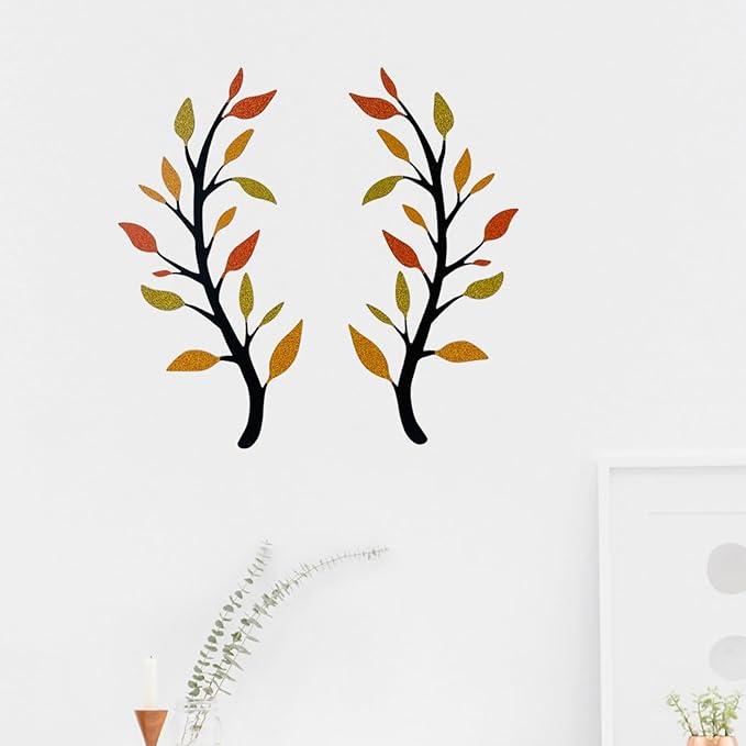 Yuzhuo 2 Pieces Metal Tree Leaf Wall Décor Branch Leaf Wall Art for Indoor Outdoor Garden Home Bedroom Living Room Decorations Iron Scroll Sculptures Above the Bed(Yellow Orange, S)