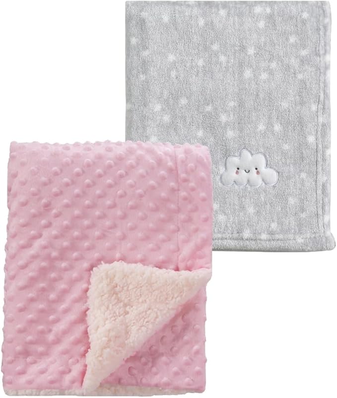 CREVENT 2Pcs 30''X40'' Cute Cozy Fluffy Warm Baby Blankets for Infants Toddlers' Bedding Crib Cot Stroller - Grey Cloud + Pink Sherpa