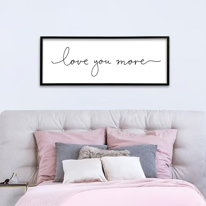 Love You More Sign Wall Decor Art 40"X15" Master Bedroom Guest Room Above Over Bed for Home Couple Rustic Large Wood Framed Wall Hanging (Black)