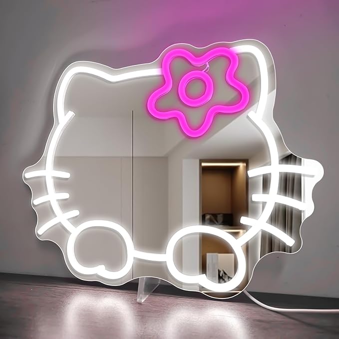 Anime Hello Kit Mirror Neon sign Dimmable Led Neon Mirror Sign for Dresser indoor Room Decor Cat Wall Neon Light Up Sign Bedroom Wall Gifts